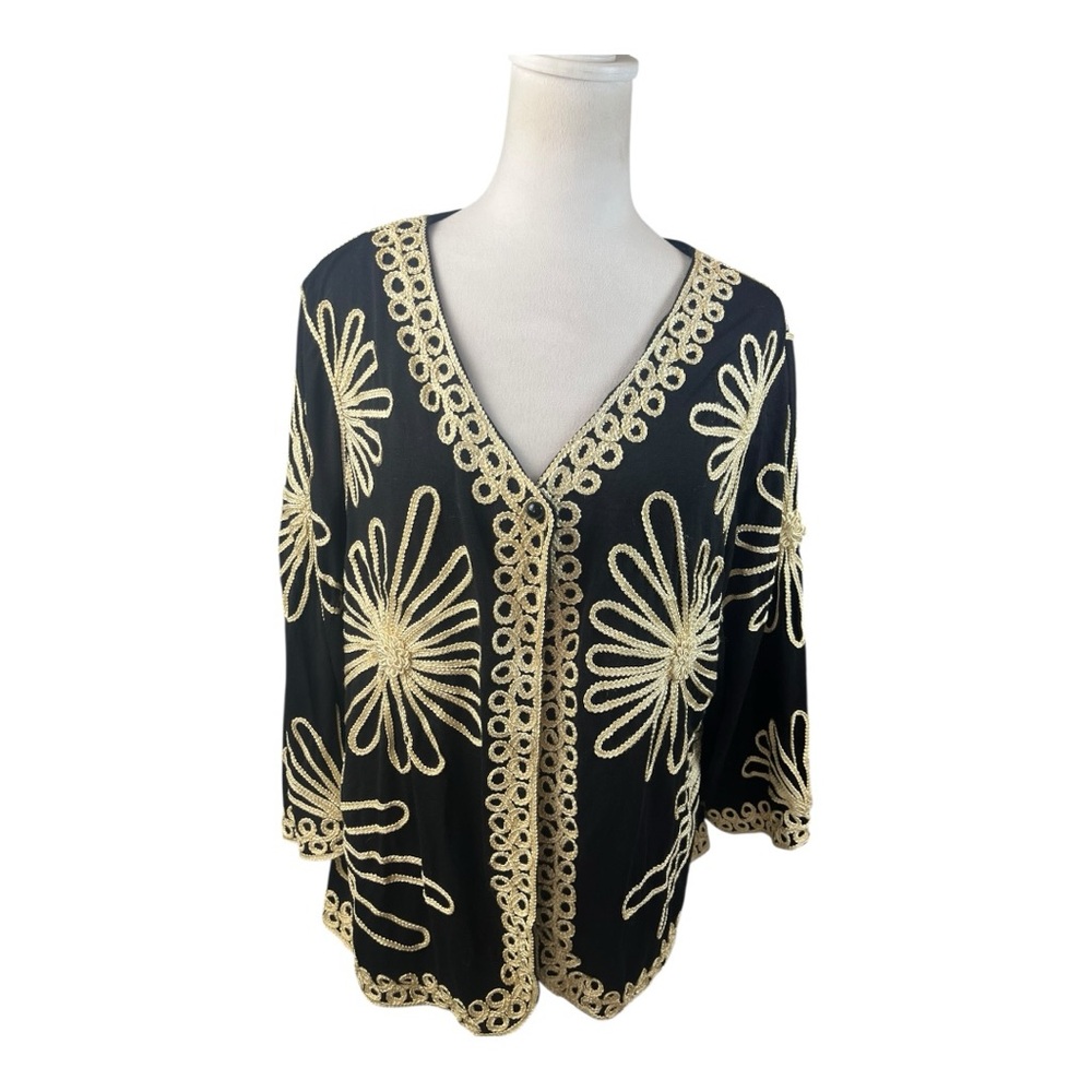 Lauren Michelle Black and Cream Floral Embroidered Cardigan Size 1X